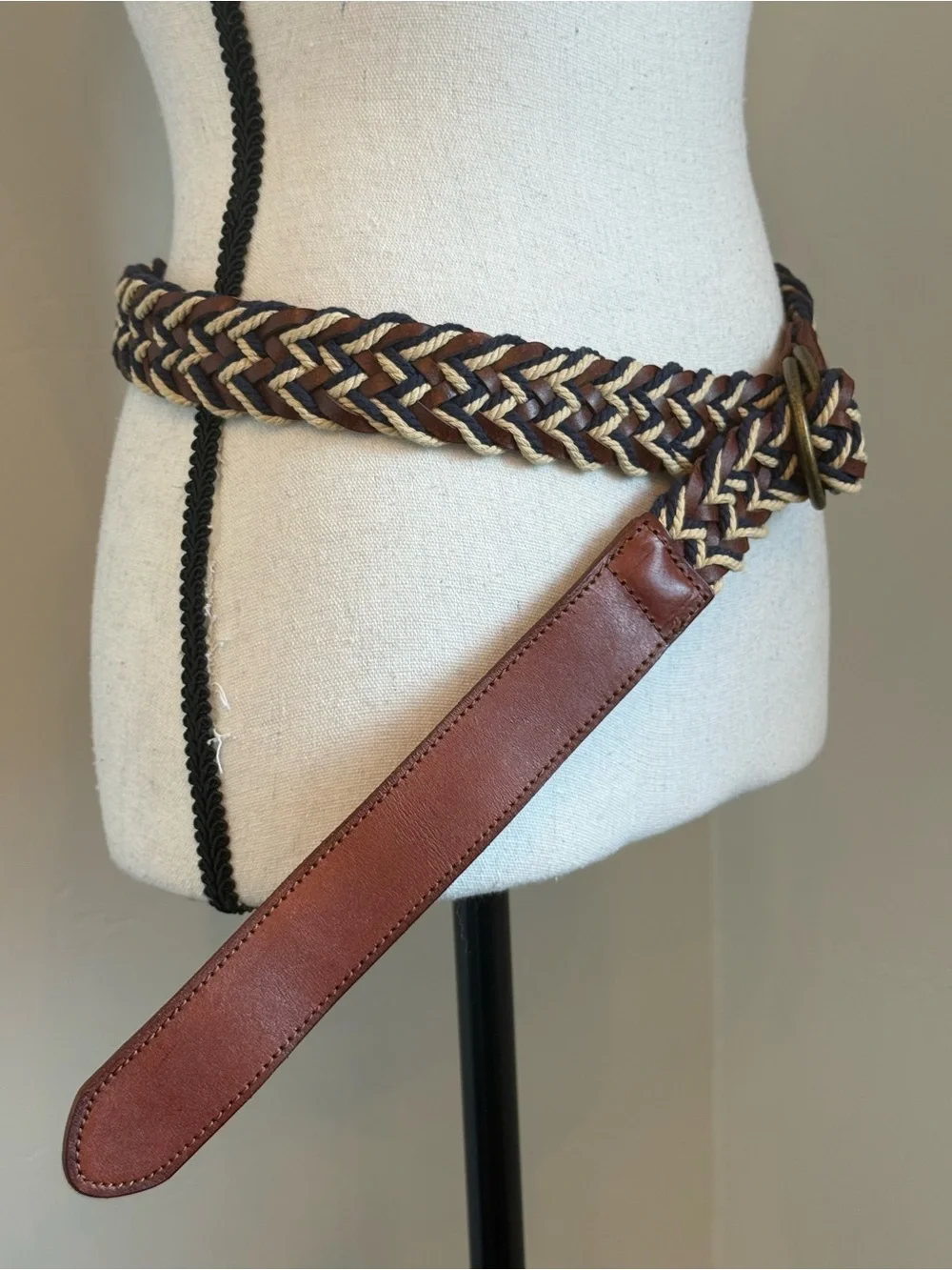 Lucky Brand Braided Leather Rope D Ring Belt Size 36 Brown Navy Cream Woven